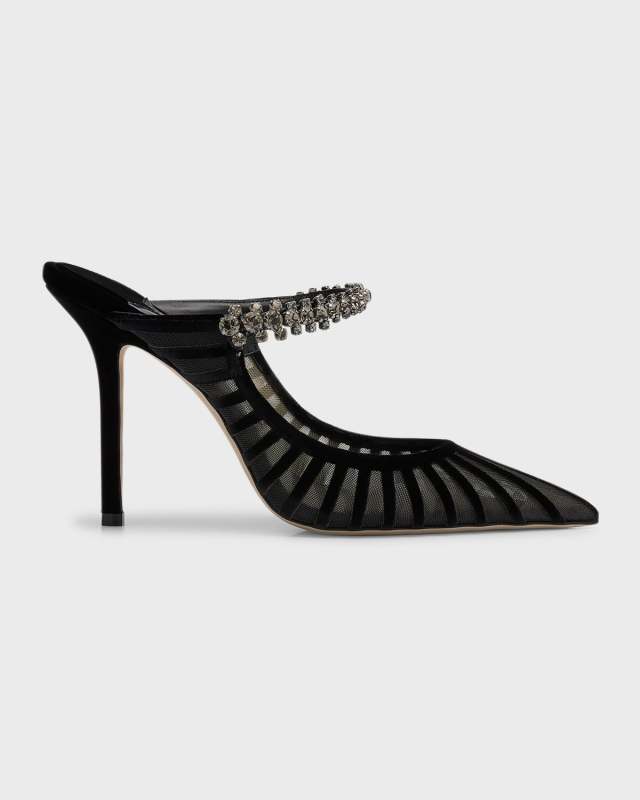 Bing Mesh Crystal-Strap Mule Pumps